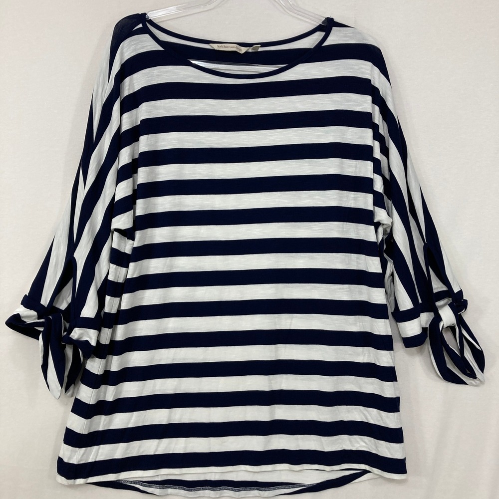 Soft‎ Surroundings Top Large Striped Tie Sleeve Navy White Nautical Stretch